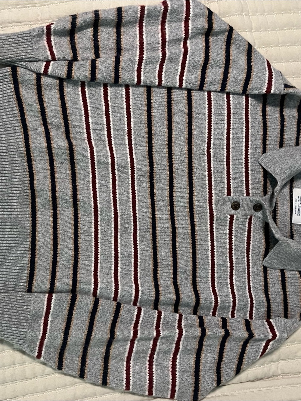 Old Navy Gray Striped Polo Sweater with Navy and Burgundy Accents